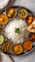 Traditional Indian Thali Platter Featuring Basmati Rice, Naan Bread and a Variety of Colorful Curries and Dips