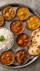 Authentic Indian Meal Platter with Assorted Vegetable Curries, Steamed Rice and Toasted Naan Bread on a Silver Tray