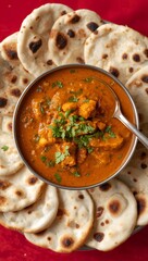 Delicious Butter Chicken Curry in a Metal Bowl Served with Freshly Baked Naan Bread and a Silver Spoon