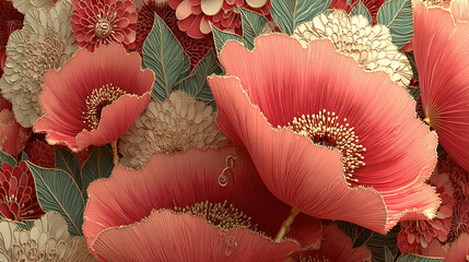 Artistic depiction of large pink and cream flowers with detailed leaves.