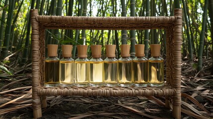 Perfume bottles on display shelf in front of bamboo trees