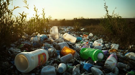 Fototapeta premium Plastic bottles and waste containers discarded in a landfill