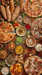 Overhead view of a lavish food banquet featuring pepperoni pizza, artisanal baguettes, gourmet soups, and spicy dips on a rustic table, perfect for catering and dinner party concepts.