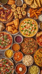 Abundant Spread of Various Pizzas, Fried Snacks, Bread and Dipping Sauces for a Large Social Gathering or Party