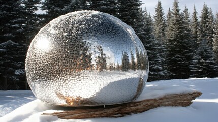 Shiny metal sphere surface covered in ice reflecting a winter scene