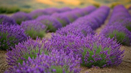 Obraz premium Rows of purple lavender plants blooming in a field