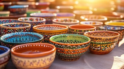 Fototapeta premium Intricate hand painted ceramic bowls showcasing vibrant colors