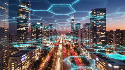 Futuristic cityscape with digital network overlay at dusk, 4k high quality video - Powered by Adobe