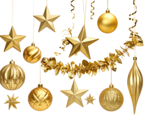 PNG Elegant festive gold Christmas decorations, element set on transparent background 