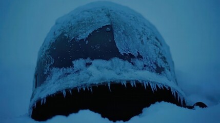 Metal helmet encrusted in ice resting on a snowy surface