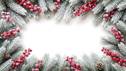 A frosted evergreen garland border featuring vibrant red berries and natural pinecones set against a minimalist white background space