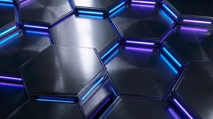 Futuristic hexagonal metal pattern with glowing light reflections, creating a modern abstract background ideal for technology, digital interfaces, and industrial design projects.