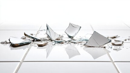 Shattered ceramic fragments reflecting light on a white surface