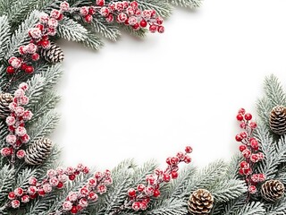 A frosted evergreen garland border featuring vibrant red berries and natural pinecones set against a minimalist white background space
