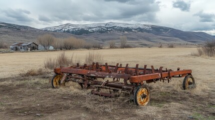 Rusty abandoned agricultural implement sits in a dry field with snow capped mountains in the background