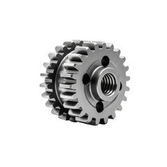 Close-up of a metal gear with a threaded hole on a transparent background