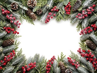 A frosted evergreen garland border featuring vibrant red berries and natural pinecones set against a minimalist white background space