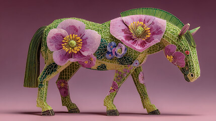 Decorative sculpture of a horse made from colorful floral and geometric elements.