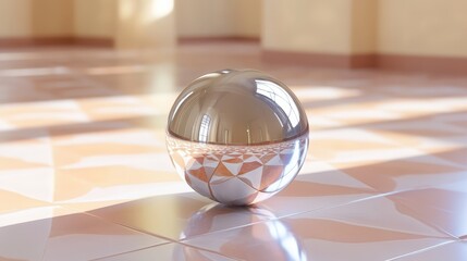 Shiny chrome sphere reflecting surrounding geometric tile details
