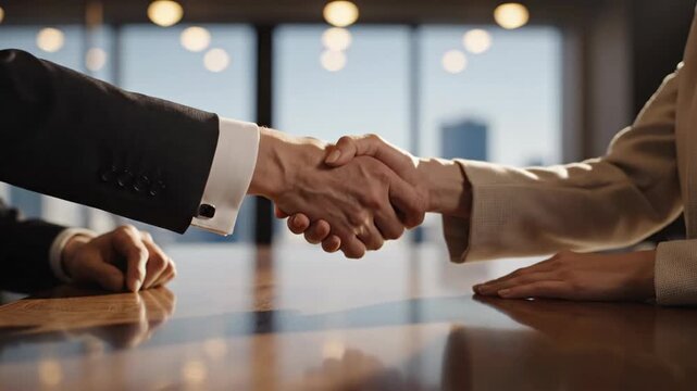 Professional business handshake sequence between two corporate individuals demonstrating agreement, partnership, and successful deal conclusion.