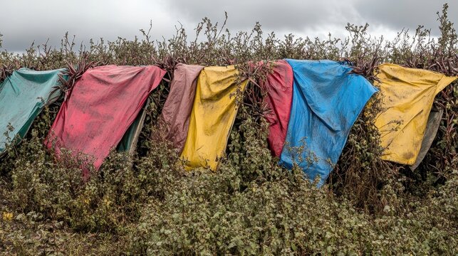 Tattered remnants of brightly colored plastic tarpaulins draped over overgrown bushes and vegetation creating a textured outdoor backdrop