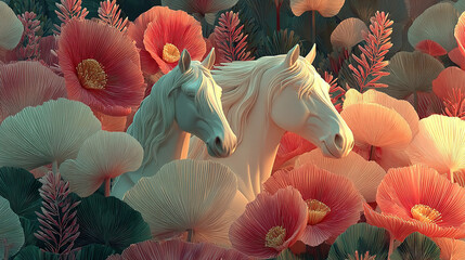 two white horses amidst colorful, stylized flower leaves.