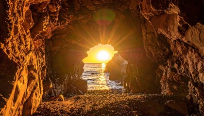 A sunlit seascape framed by a natural rock arch