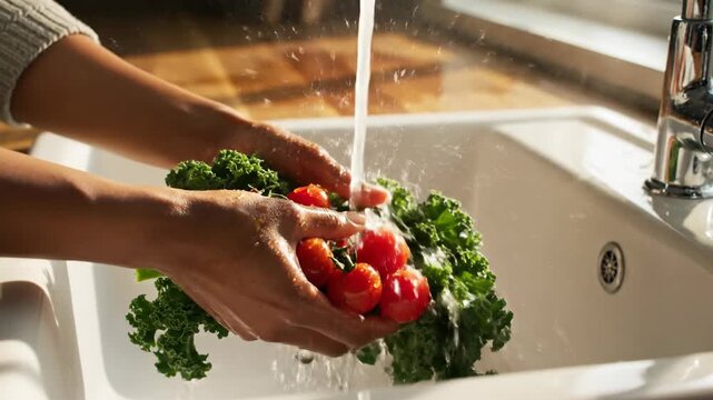 Thoroughly washing vibrant cherry tomatoes and fresh curly kale under a pristine stream of tap water in a clean kitchen sink, symbolizing mindful