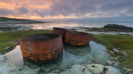 Weathered metal barrels resting on a beach near the ocean