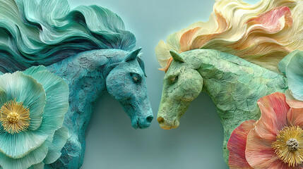 Artistic sculpture of two horses surrounded by large colorful flowers.