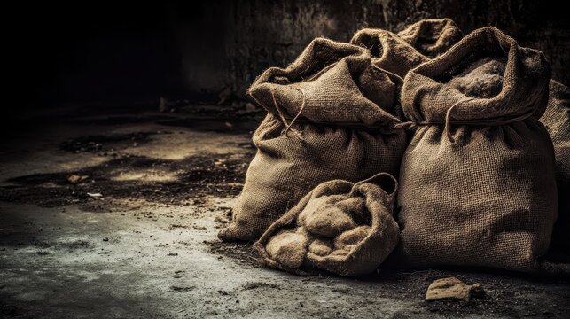Torn burlap sacks overflowing with unknown raw contents