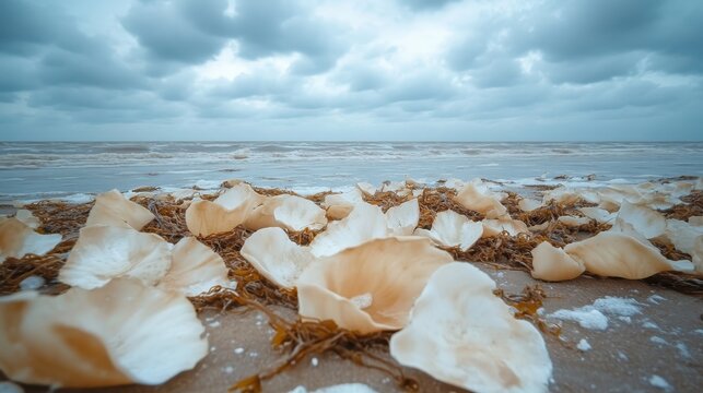 Scattered brittle strands of dried seaweed lie on a desolate beach with the ocean and cloudy sky in the background - Powered by Adobe
