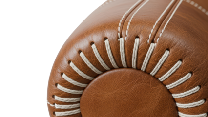 Close up detail of the stitching on a leather sofa armrest isolated on white background