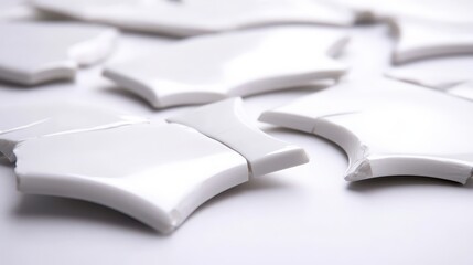 Sharp jagged edges of broken white ceramic tile fragments on a clean surface