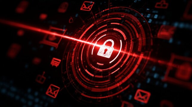 Digital padlock icon on a red glowing circuit representing cybersecurity with copy space - Powered by Adobe