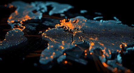 Global network of interconnected digital data points illuminating continents and oceans representing worldwide communication and information flow in a futuristic abstract representation of earth