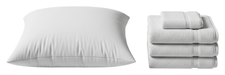 Essentials for relaxation cozy pillows and towels for home life isolated on transparent background