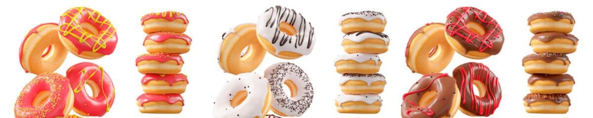 Assorted donuts with colorful icing, sprinkles, and chocolate isolated on white transparent background