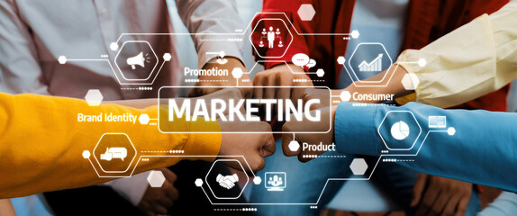A diverse team engages in collaborative marketing strategies, highlighted by graphic elements that represent promotion, consumer insights, and brand identity. Amity