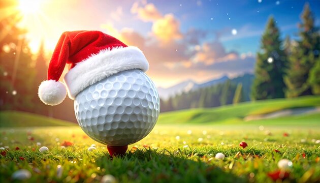 Happy New Year 2026 celebration with golf ball wearing Santa hat. Festive Christmas holiday golf sport concept snow