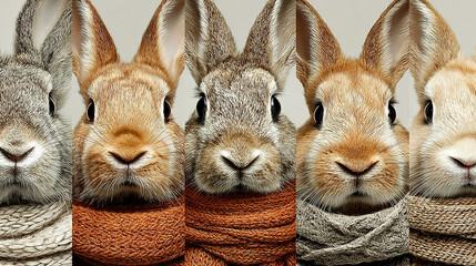 Series of five rabbits with different fur colors and textured scarves.