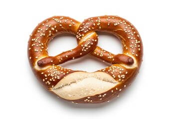 Freshly baked pretzel with salt crystals isolated on white background