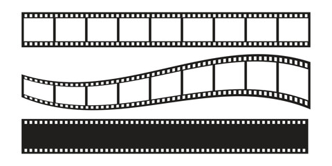 Vintage Movie Film Strip Frames Set with Long and Curved Strips Isolated on White Background.