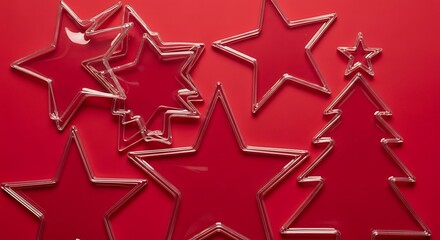 Clear acrylic Christmas ornaments in various star shapes and one tree design on red