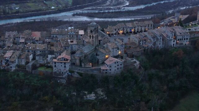 Aerial view of the historical town of Ainsa in the Spanish Pyrenees at twilight