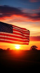 American Flag Waving Proudly Against a Vibrant Sunset Sky.