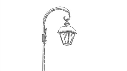 Black and white sketch of an antique street lamp post, vintage outdoor lighting fixture illustration