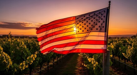 American Flag Waving Proudly at Sunset Over Vineyard.