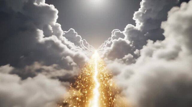 Golden Path of Light: A celestial vista unfolds, with a radiant path of light cutting through a sea of voluminous, ethereal clouds, guiding the eye towards an unseen source.