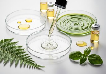 Natural ingredients and essential oils in laboratory settings isolated on light cream background
